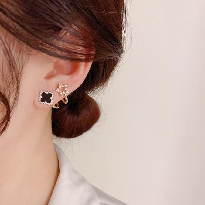 Sparkling Clover Star Earrings ? Gold Plated Fashion Jewelry with Black Enamel &amp; Crystal Detailing ( PXJ-107)