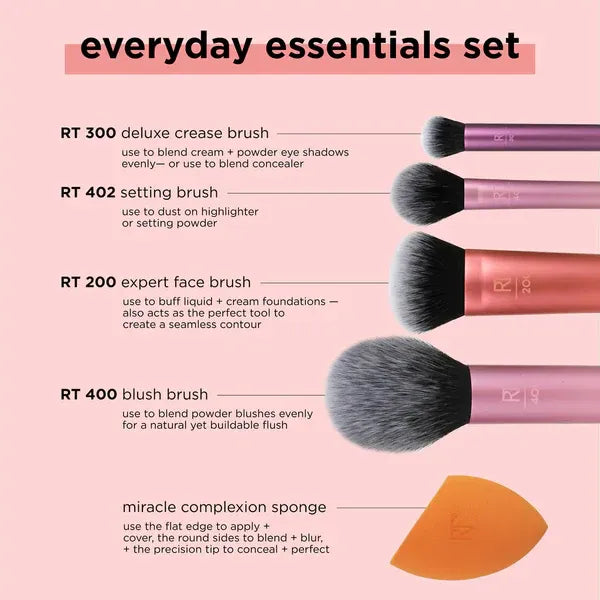 Real Techniques Everyday Essentials Makeup Brush Set with Miracle Complexion Sponge ? Face, Eye &amp; Cheek Kit