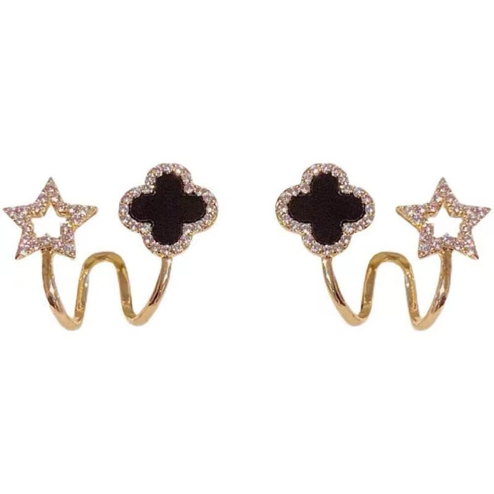 Sparkling Clover Star Earrings ? Gold Plated Fashion Jewelry with Black Enamel &amp; Crystal Detailing ( PXJ-107)