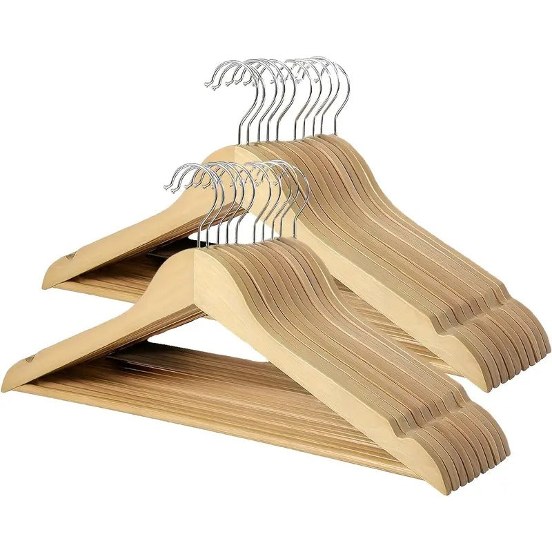 Premium Wooden Hangers ? Pack of 20 Durable Slim Hangers with Pants Bar ? Smooth Finish for Closet Organization (Brown &amp; Light Wood) (With Box)