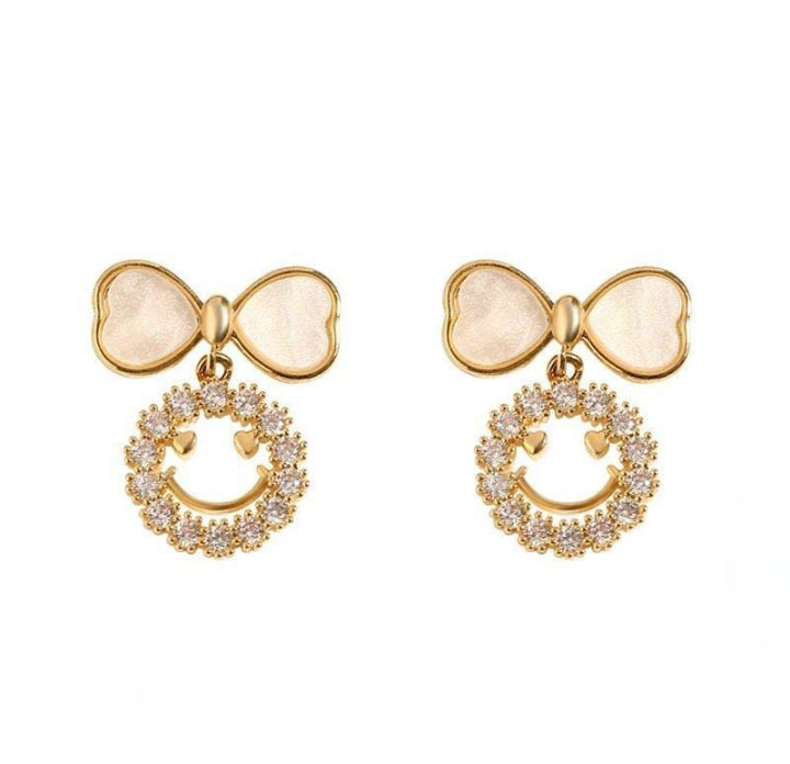 PXT-988 Smiley Face Zircon Korean Earrings ? Elegant Bow &amp; Crystal Circle Design - Available In Goden And Silver Color