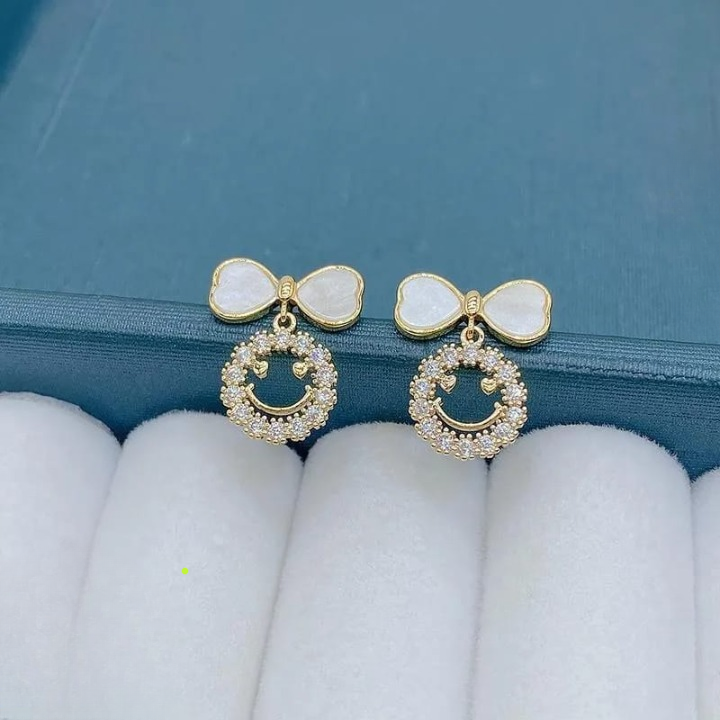 PXT-988 Smiley Face Zircon Korean Earrings ? Elegant Bow &amp; Crystal Circle Design - Available In Goden And Silver Color