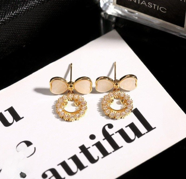 PXT-988 Smiley Face Zircon Korean Earrings ? Elegant Bow &amp; Crystal Circle Design - Available In Goden And Silver Color