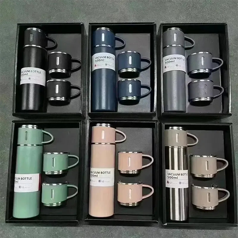 500ml Stainless Steel Vacuum Flask Water Bottle with 2 Extra Cups (160ml) ? Thermal Bottle for Hot &amp; Cold Drinks ? 3-Piece Travel Thermos Set