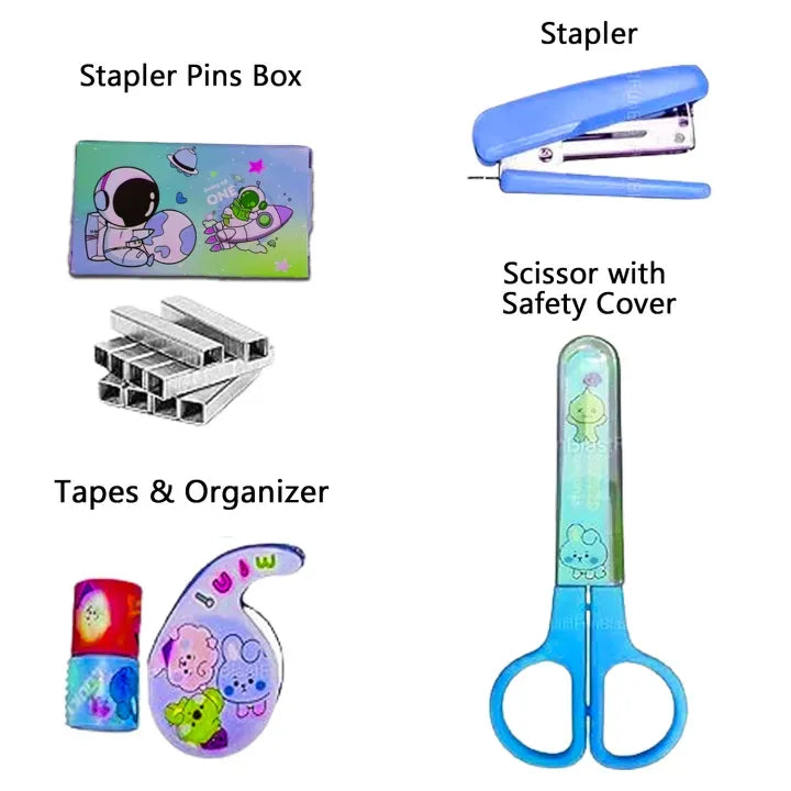 Space-Themed Stationery Set for Students and Office Use ? 6-Piece Desk Organizer Kit with Stapler, Staple Pins, Scissors, Mini Washi Tapes, and Tape Dispenser ? Creative Back-to-School and Gift Set (Random Color)