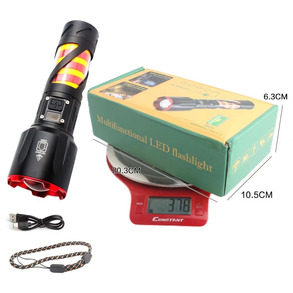 Long Range LED Rechargeable Flashlight ? 26650 Battery, Power Bank Function, Battery Level Display, Zoom