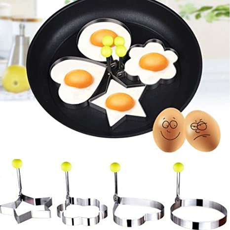 4PCs Stainless Steel Egg Ring Mold Set ? Fun Shaped Fried Egg &amp; Pancake Moulds (Star, Heart, Flower, Circle) for Creative Cooking