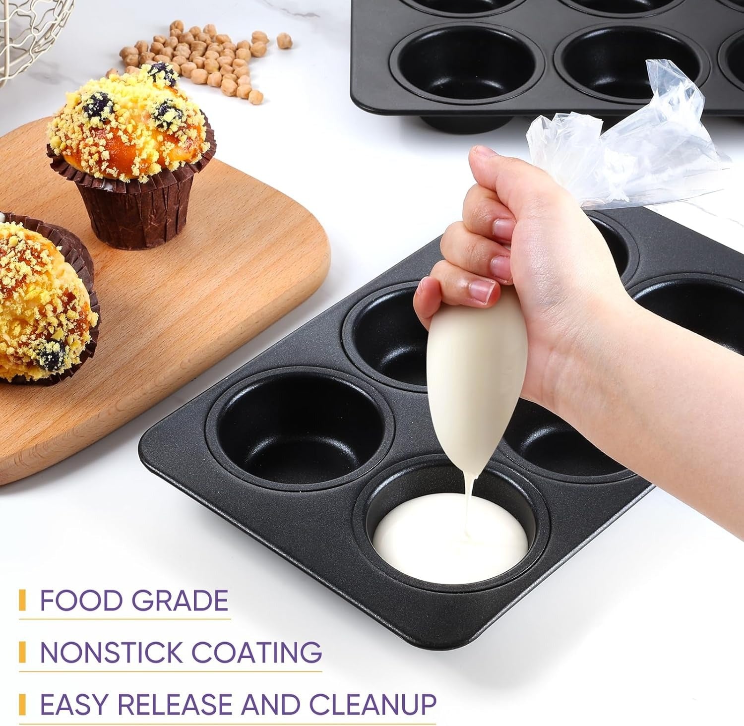 6-Cup Muffin Pan ? Non-Stick Carbon Steel Cupcake Baking Tray | Heavy Duty Standard Bakeware for Muffins, Cakes, Mini Pies &amp; More