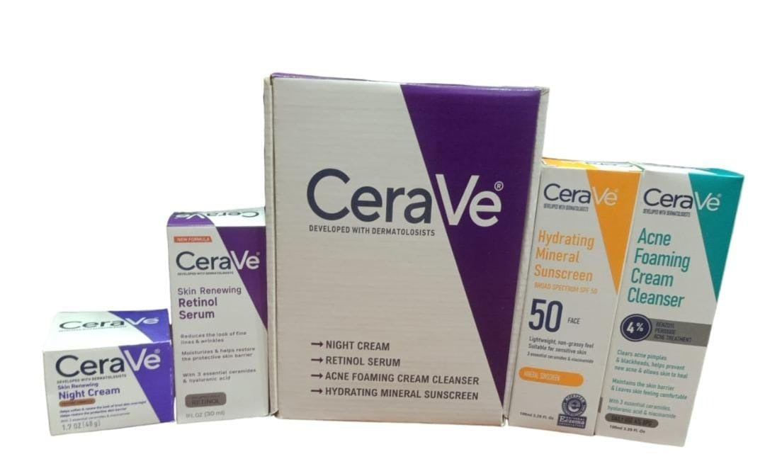 CeraVe Skincare Set ? Night Cream, Retinol Serum, Acne Foaming Cream Cleanser, and Hydrating Mineral Sunscreen SPF 50 ? Dermatologist Developed