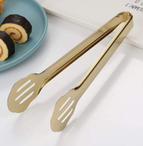 Mini Stainless Steel Food Serving Tong ? 6 Inch Strainer Tong with 28-Hole Flat Head for Salad, Ice Cubes, Pastries, Frying &amp; Tea