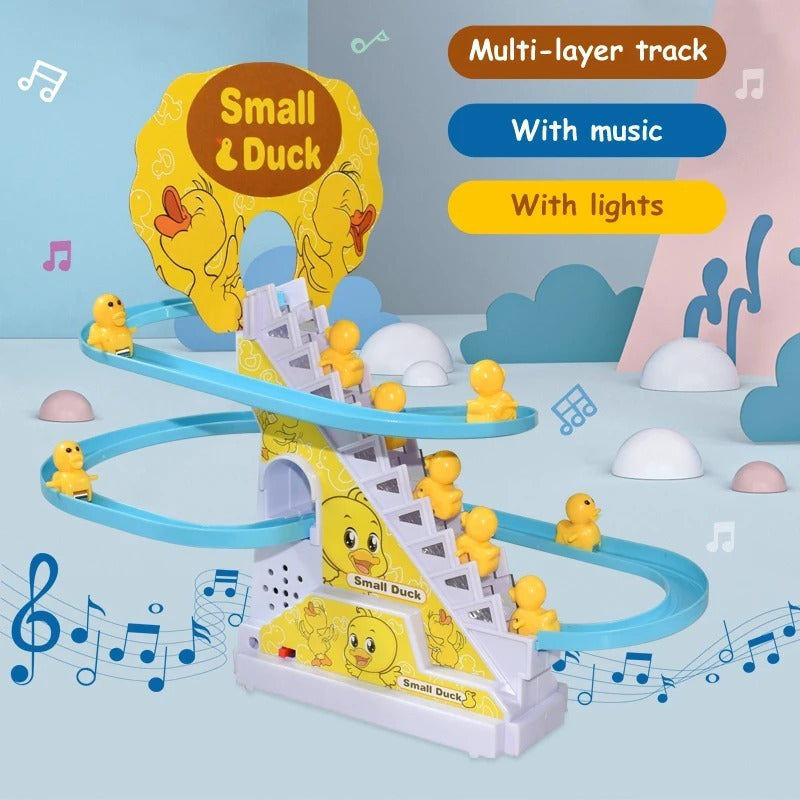 Duck Slide Toy Set, Funny Automatic Stair-Climbing Ducklings Cartoon Race Track Set Little Lovely Duck Slide Toy Escalator Toy with Lights and Music (3 sliding ducks)