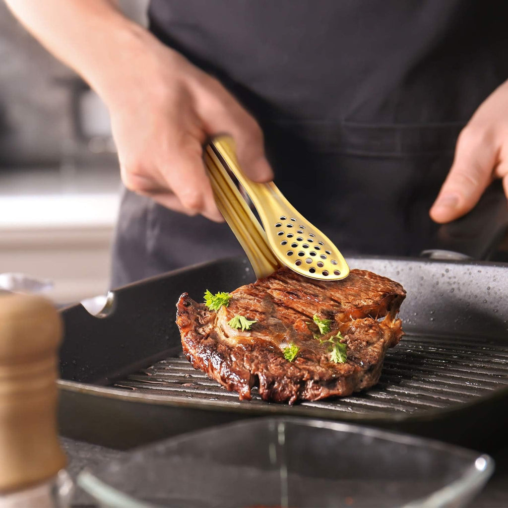 Mini Stainless Steel Food Serving Tong ? 6 Inch Strainer Tong with 28-Hole Flat Head for Salad, Ice Cubes, Pastries, Frying &amp; Tea