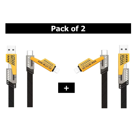 4 in 1 Data Cable Pack of 2 ? USB-C &amp; Lightning Connectors, Braided Durable Design, Fast Charging &amp; Data Transfer, Black with Yellow Connectors
