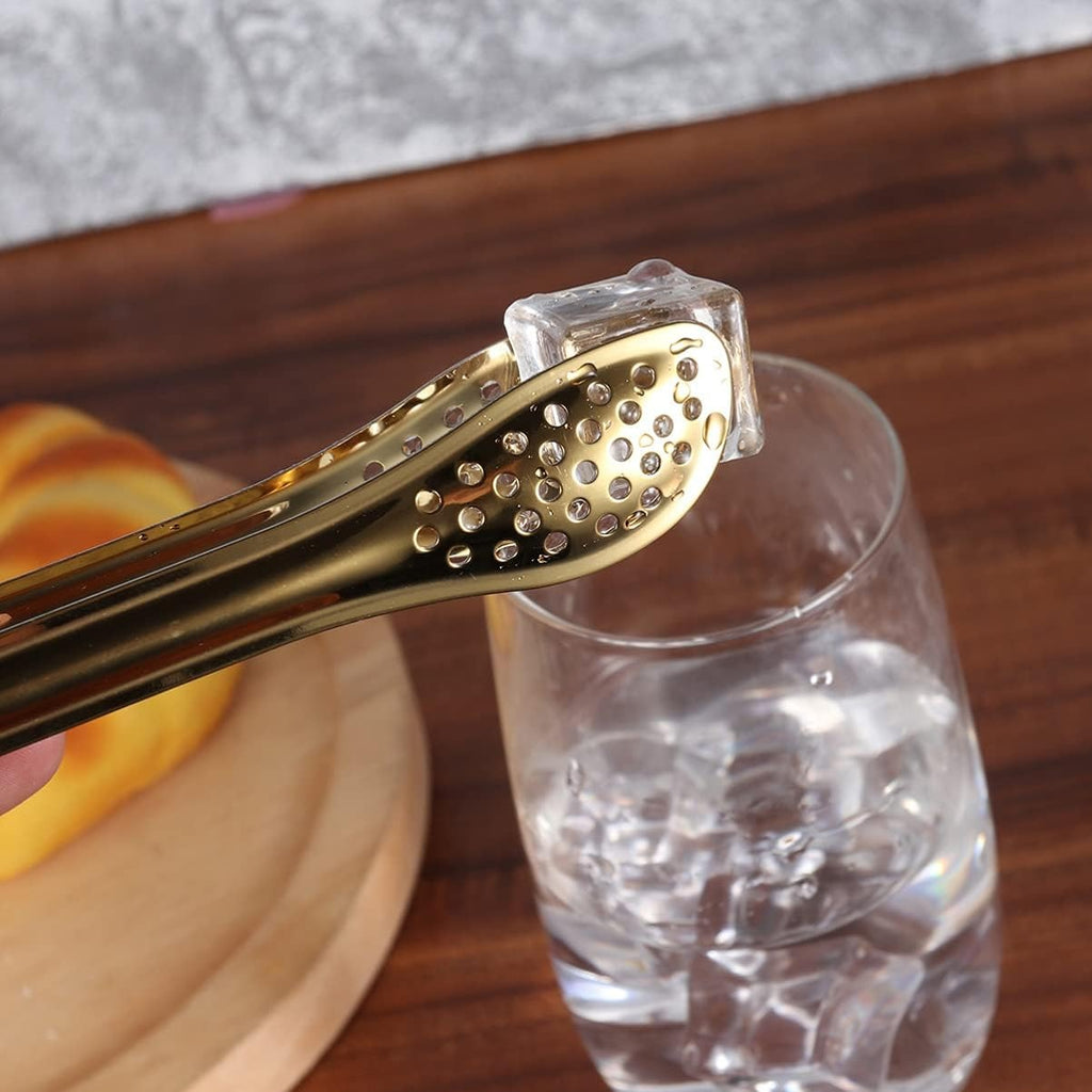 Mini Stainless Steel Food Serving Tong ? 6 Inch Strainer Tong with 28-Hole Flat Head for Salad, Ice Cubes, Pastries, Frying &amp; Tea