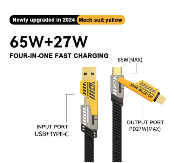4 in 1 Data Cable Pack of 2 ? USB-C &amp; Lightning Connectors, Braided Durable Design, Fast Charging &amp; Data Transfer, Black with Yellow Connectors
