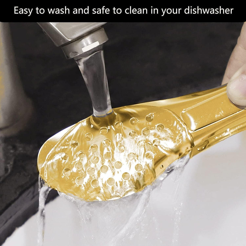 Mini Stainless Steel Food Serving Tong ? 6 Inch Strainer Tong with 28-Hole Flat Head for Salad, Ice Cubes, Pastries, Frying &amp; Tea