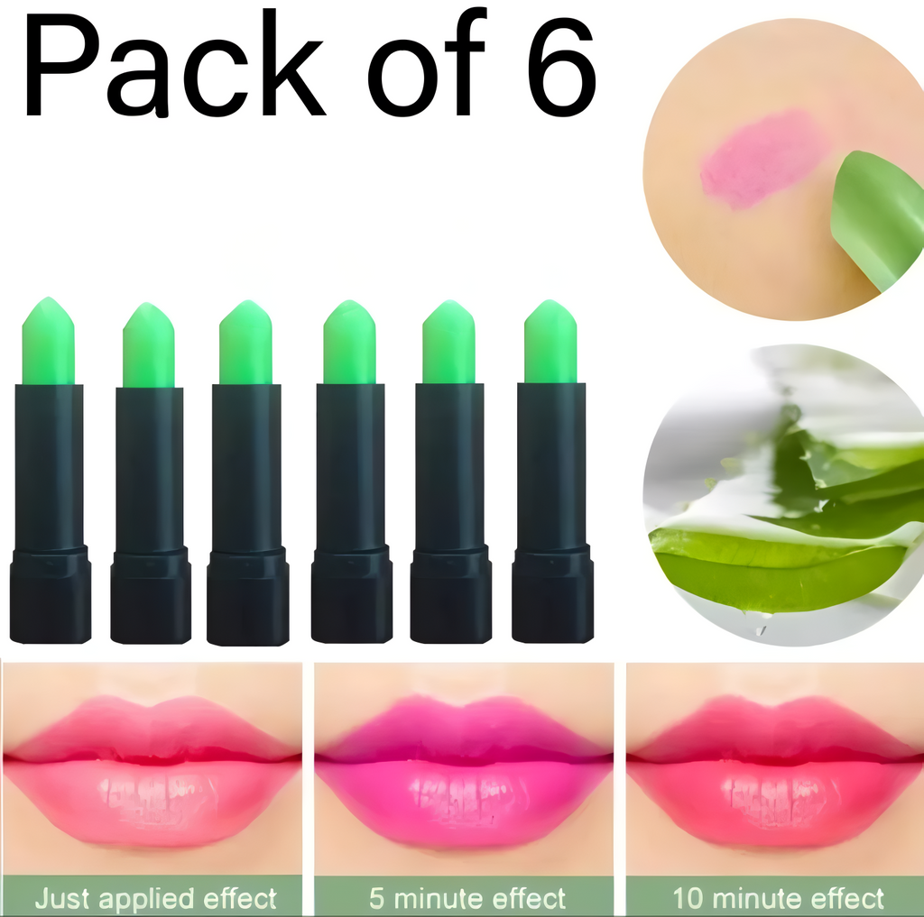 Pack Of 6 Pcs Green Color Changing Lipstick Set ? Creamy Moisturizing Magic Lip Balm, Long-Lasting Hydrating Lipstick with Temperature-Sensitive Shade Shifting to Pink ? Soft &amp; Smooth Lip Care Makeup Kit