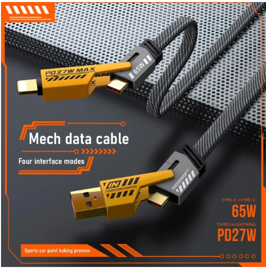 4 in 1 Data Cable Pack of 2 ? USB-C &amp; Lightning Connectors, Braided Durable Design, Fast Charging &amp; Data Transfer, Black with Yellow Connectors