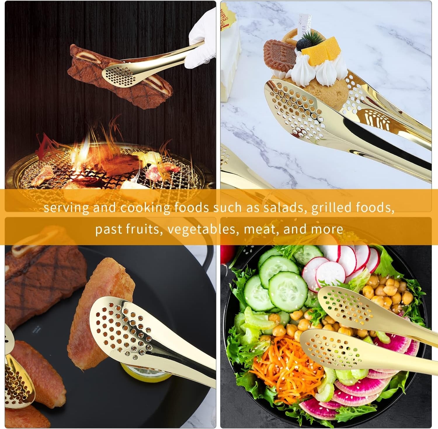 Mini Stainless Steel Food Serving Tong ? 6 Inch Strainer Tong with 28-Hole Flat Head for Salad, Ice Cubes, Pastries, Frying &amp; Tea