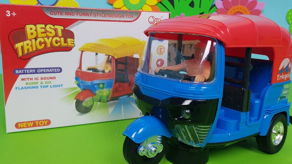 Musical Electric Tricycle Rickshaw Toy for Kids ? Battery Operated with Front &amp; Rear Lights, Music, Durable Plastic Build, (Multi-Color)