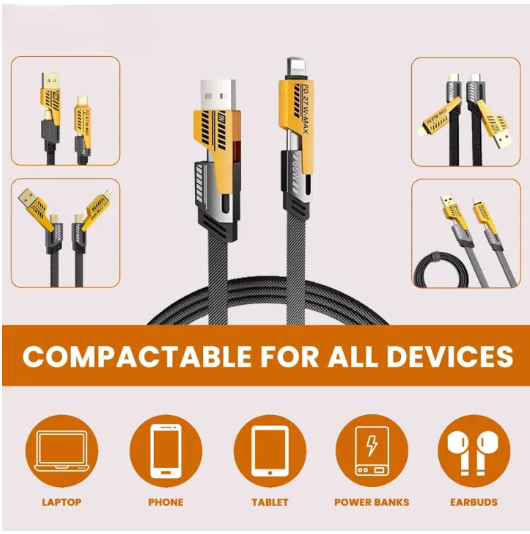 4 in 1 Data Cable Pack of 2 ? USB-C &amp; Lightning Connectors, Braided Durable Design, Fast Charging &amp; Data Transfer, Black with Yellow Connectors