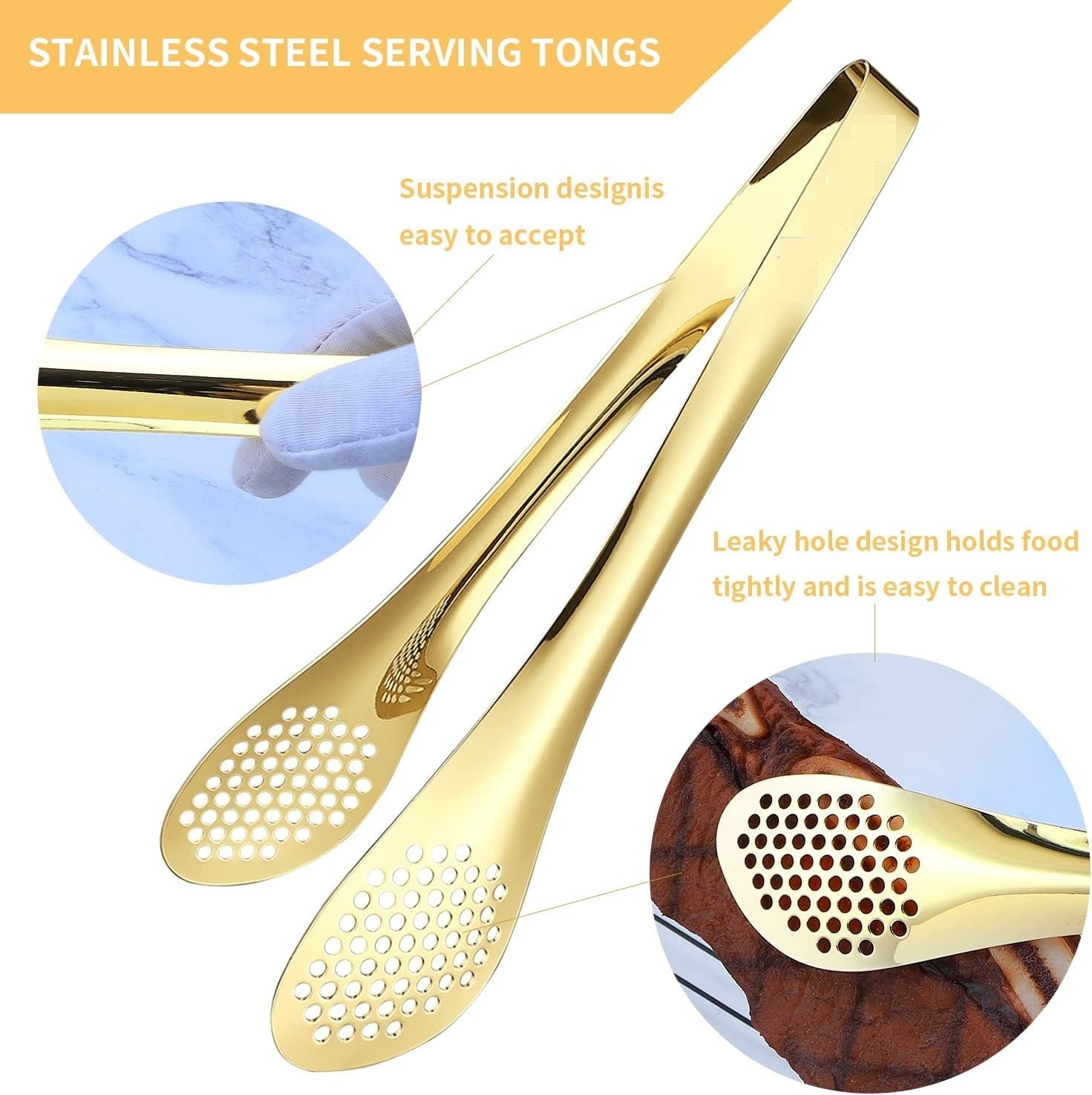 Mini Stainless Steel Food Serving Tong ? 6 Inch Strainer Tong with 28-Hole Flat Head for Salad, Ice Cubes, Pastries, Frying &amp; Tea