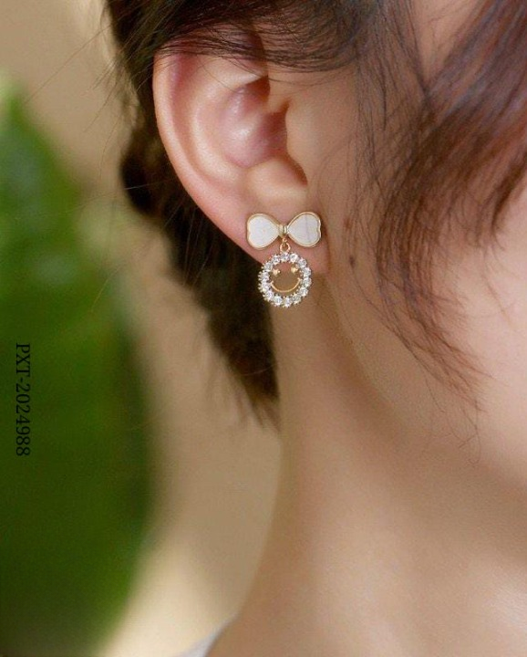 PXT-988 Smiley Face Zircon Korean Earrings ? Elegant Bow &amp; Crystal Circle Design - Available In Goden And Silver Color