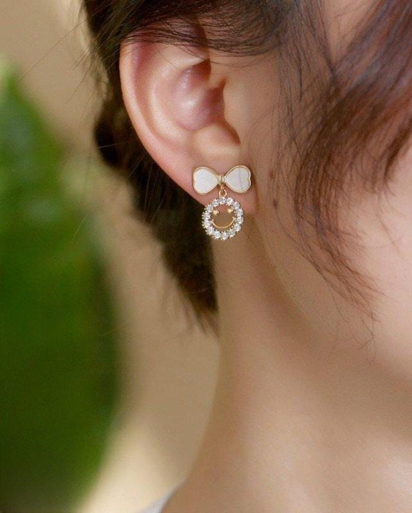 PXT-988 Smiley Face Zircon Korean Earrings ? Elegant Bow &amp; Crystal Circle Design - Available In Goden And Silver Color