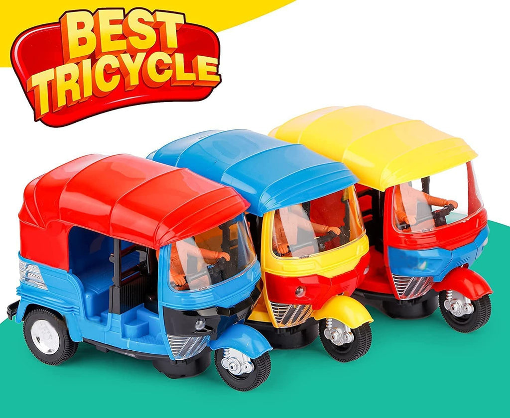 Musical Electric Tricycle Rickshaw Toy for Kids ? Battery Operated with Front &amp; Rear Lights, Music, Durable Plastic Build, (Multi-Color)