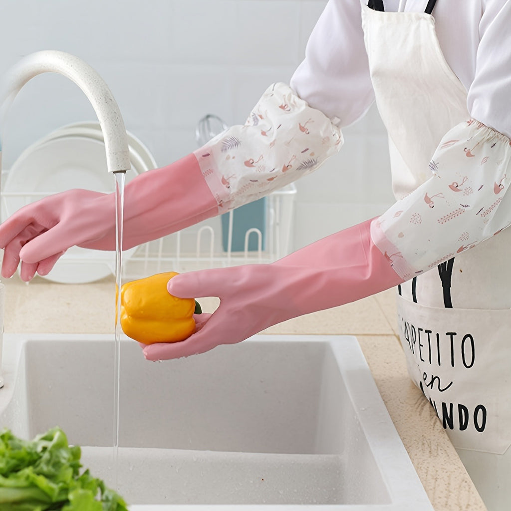 Long Reusable Dishwashing Gloves with Warm Fleece Lining ? Extra Long Waterproof Rubber Cleaning Gloves, Anti-Slip, Heat Resistant for Kitchen, Laundry, and Household Use (Random Color)