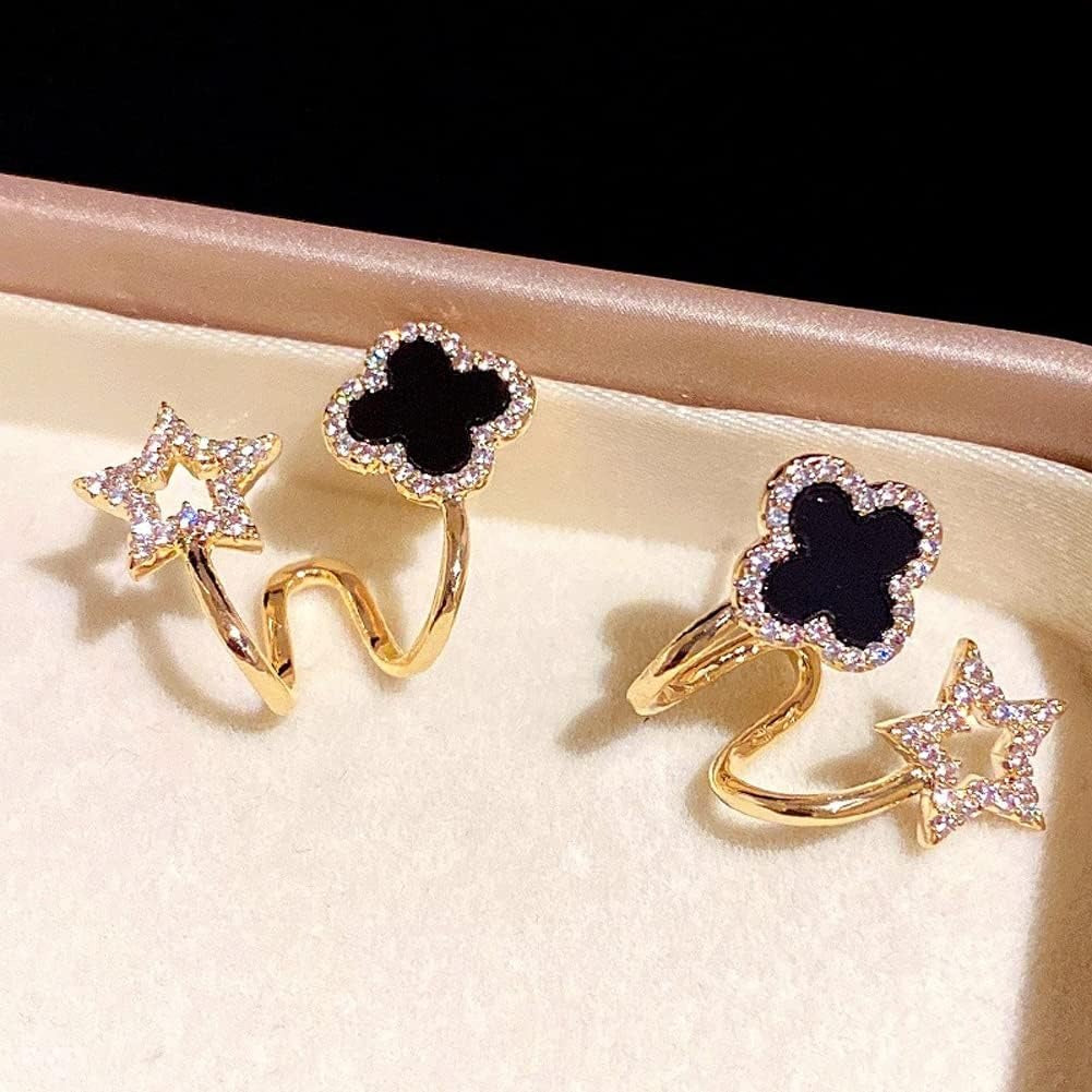 Sparkling Clover Star Earrings ? Gold Plated Fashion Jewelry with Black Enamel &amp; Crystal Detailing ( PXJ-107)
