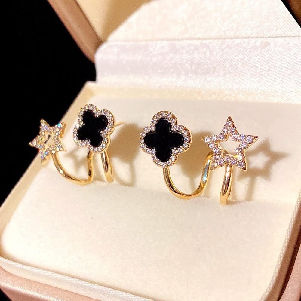 Sparkling Clover Star Earrings ? Gold Plated Fashion Jewelry with Black Enamel &amp; Crystal Detailing ( PXJ-107)