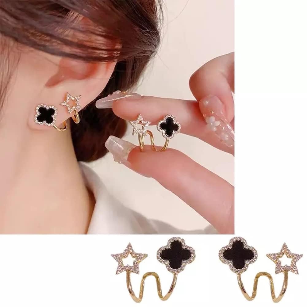 Sparkling Clover Star Earrings ? Gold Plated Fashion Jewelry with Black Enamel &amp; Crystal Detailing ( PXJ-107)