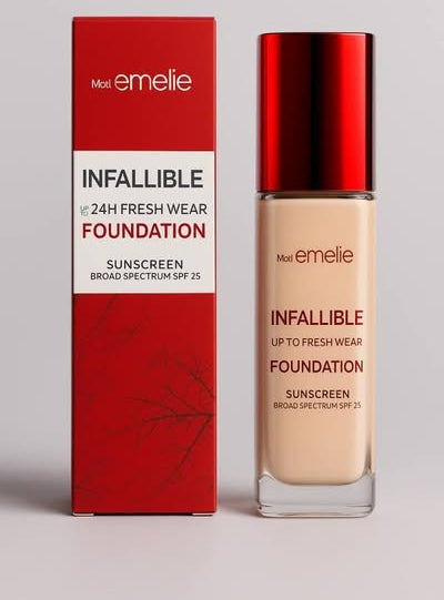 Emelie Cosmetics Infallible 24H Fresh Wear Foundation ? Natural Matte Finish, Long-Lasting, Waterproof, Sweat &amp; Heat Proof with SPF 25