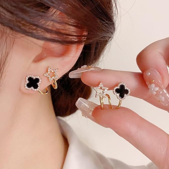 Sparkling Clover Star Earrings ? Gold Plated Fashion Jewelry with Black Enamel &amp; Crystal Detailing ( PXJ-107)