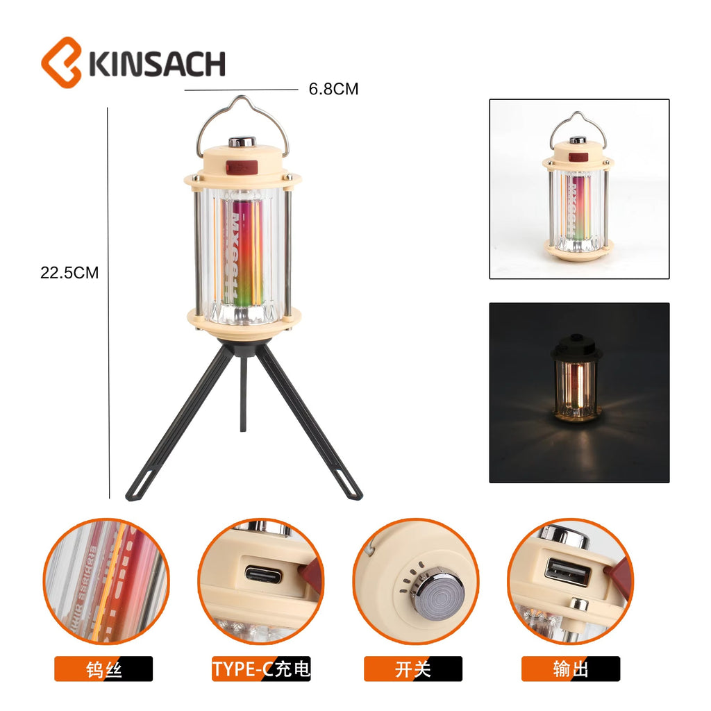 MX6611 Stepless Dimmable LED Camping Light ? Portable Rechargeable Outdoor Lantern with Tripod Stand