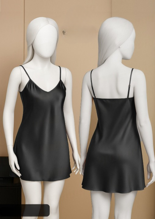 Black Satin Slip Dress ? Sleeveless Camisole with Adjustable Thin Straps | Free Size