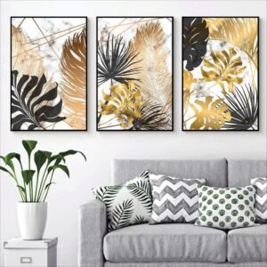 3pcs Black And Gold Leafs Design Stickytiles Frame Providing Elegant Artistic Pattern Stylish Look