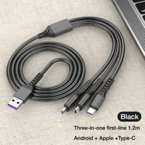 3-in-1 Metal Fast Charging Cable – Micro USB, Type-C & iPhone | Original Copper | Multi-Color Options (Random color)