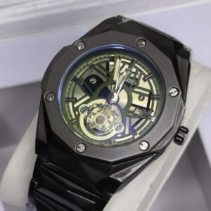 HB Men's Automatic Skeleton Wristwatch | Industrial-Chic Stainless Steel ( without box) Case with Genuine Leather Strap | Self-Winding Mechanical Movement & 6-Mo