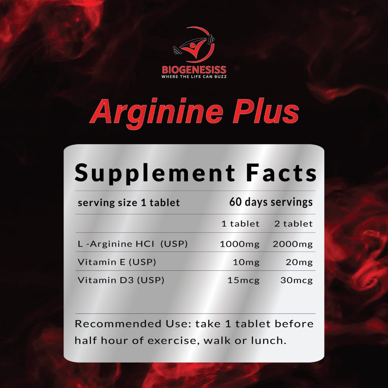Biogenesiss Arginine Plus Premium L-Arginine Complex – 1000mg Free Form Amino Acid with Vitamins E & D3 for Nitric Oxide Boost, Circulation, and Muscle Recovery (60 Tablets) - Image 3