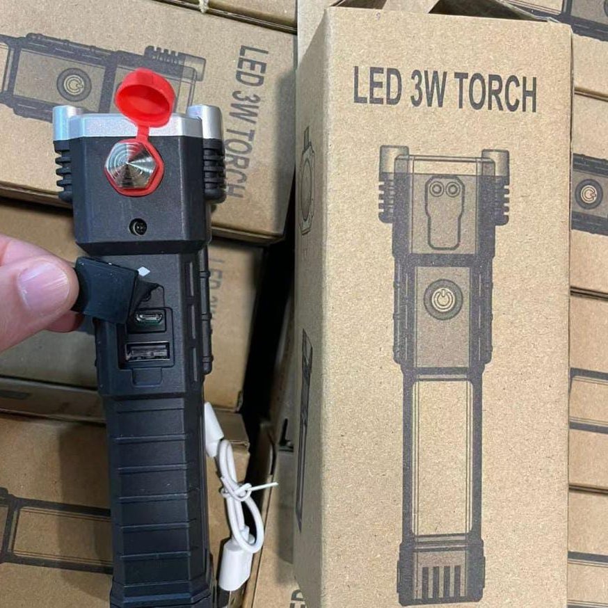 High Power LED Torch Light Rechargeable Flashlight With Tactical Hammer And Power Bank Providing Strong Brightness (Random Color) - Image 5
