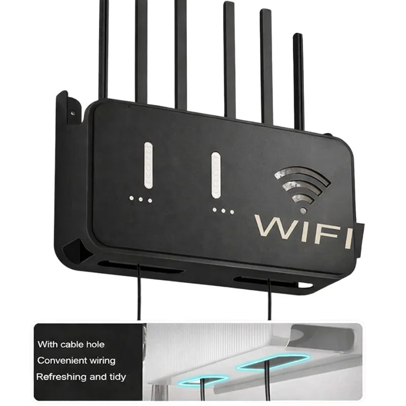 Black WiFi Router Storage Box & Wall Mount Shelf Universal Cable Organizer | Space-Saving Holder for Modem, Set-Top Box & Smart Devices | Home & Office Use - Image 2