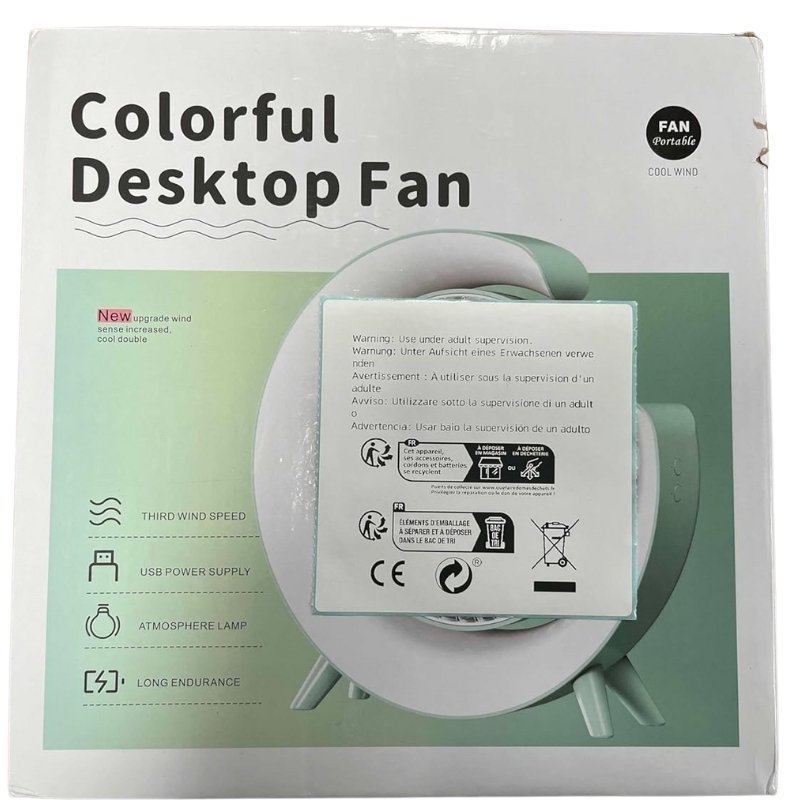 Colorful USB Rechargeable Desktop Fan | Silent Cooling, LED Ambient Light, 3-Speed Rotation - Image 7