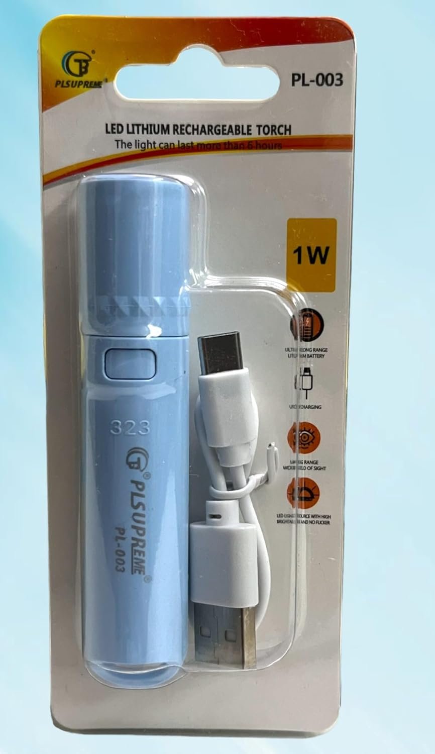 Pl 003 Long Range LED Rechargeable Torch Light – 1000 Lumens, 3 Modes, 500m Beam Distance, 1400mAh Battery with USB Cable, Durable Outdoor Flashlight - Image 3