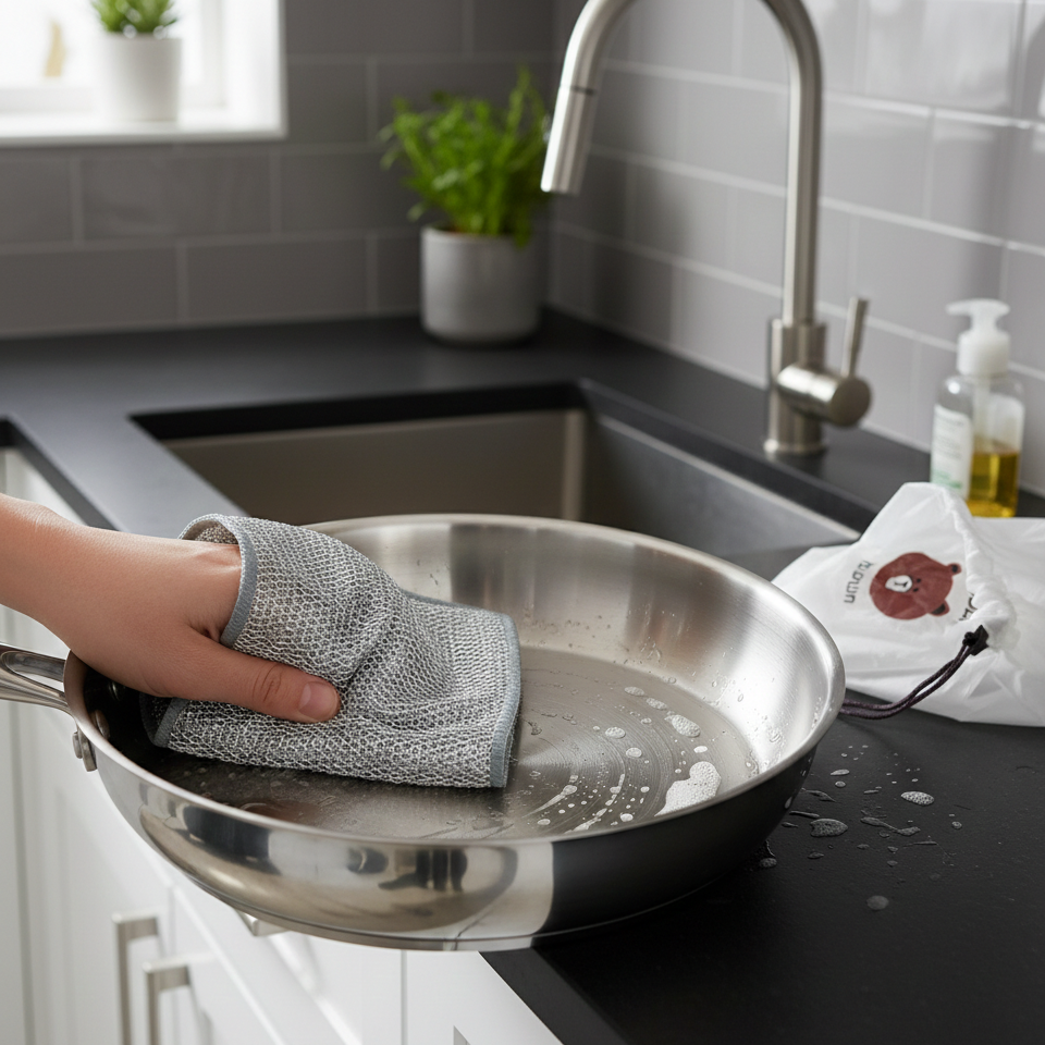 Combo Deal – 2 Pcs Metal Wire Cleaning Cloths with 1 Bear Design Food Cover Packet – Kitchen Cleaning & Food Protection Set - Image 3