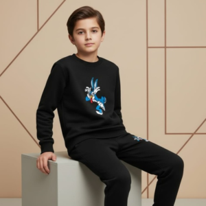 Black Bunny Printed Kids Tracksuit | Winter Fleece Sweatshirt & Trouser Set for Boys & Girls – Warm & Comfy Outfit FOR BABY AND KIDS