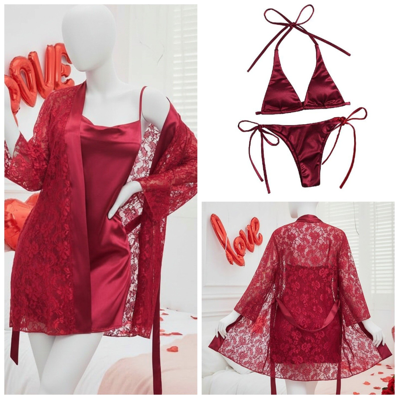 4 Piece Women’s Transparent Net Gown Set – Soft Lace Robe with Silk Inner, Bra & Panty | Free Size - Up to 38 Chest (DC-4052) - Image 2