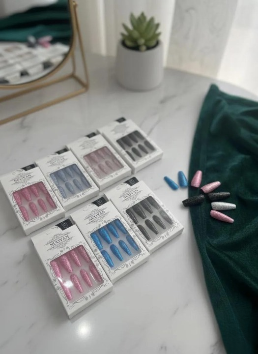 Multicolor Glittery Long Stick-On Artificial Nails – 12 Pcs - Image 4