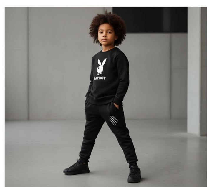 Kids PLAYBOY Printed Stylish Black & Black Tracksuit Set | Winter Fleece Sweatshirt & Trouser Outfit for Boys & Girls – Warm & Trendy FOR BABY AND KIDS